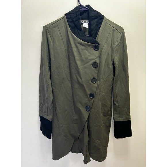VENUS Knit Asymmetrical Button Olive Jacket Coat Sweater Trim Sz 8 Steampunk EUC - Picture 2 of 5